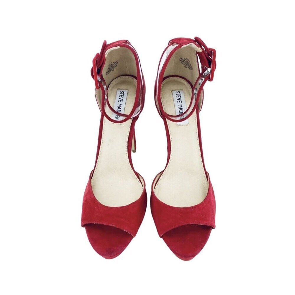 Steve Madden Red Shoes Suede Leather Platform Pump Ankle Strap Sz 9 New - Picture 3 of 12